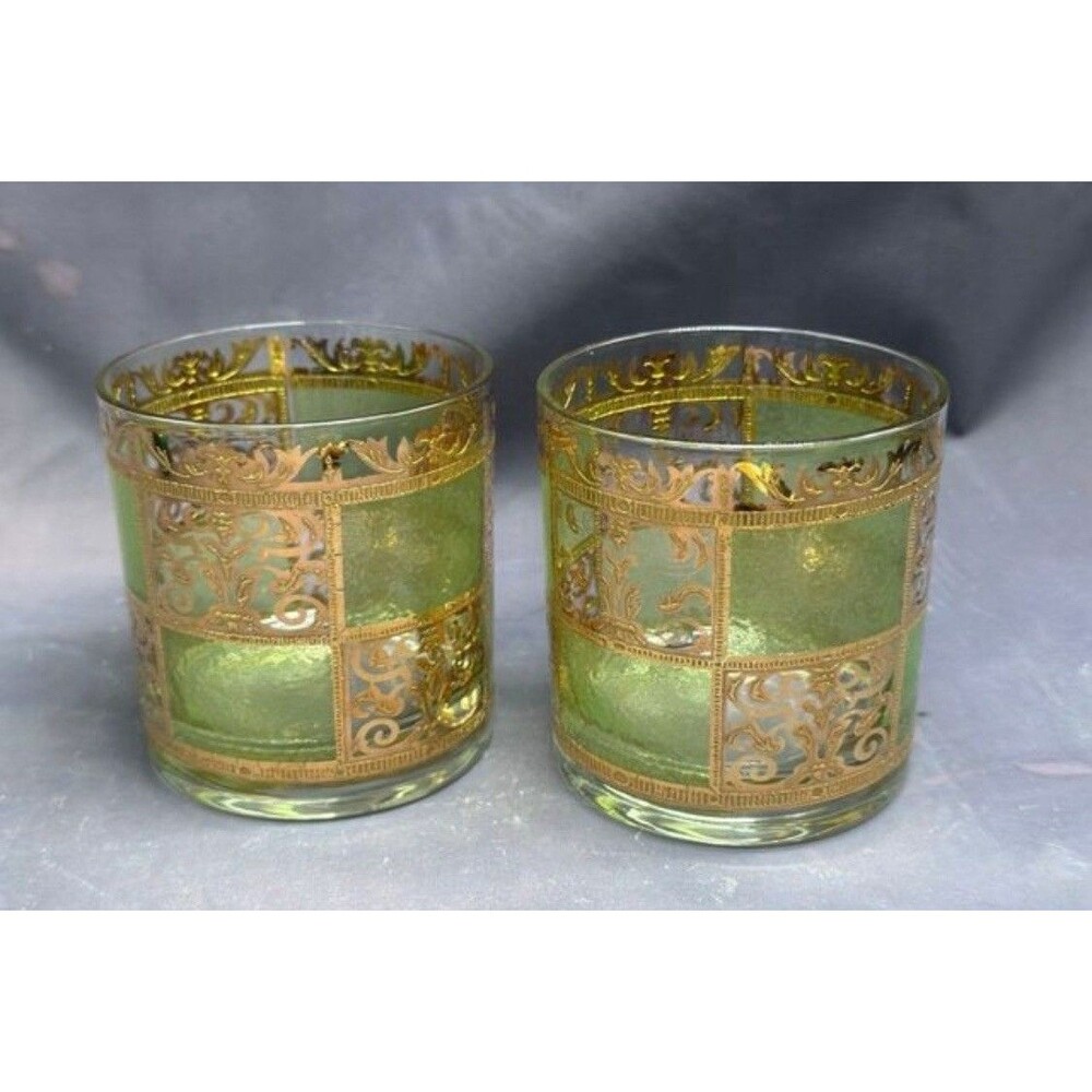 CULVER Prado Green 22K Gold Low Ball Whiskey Barware Glasses